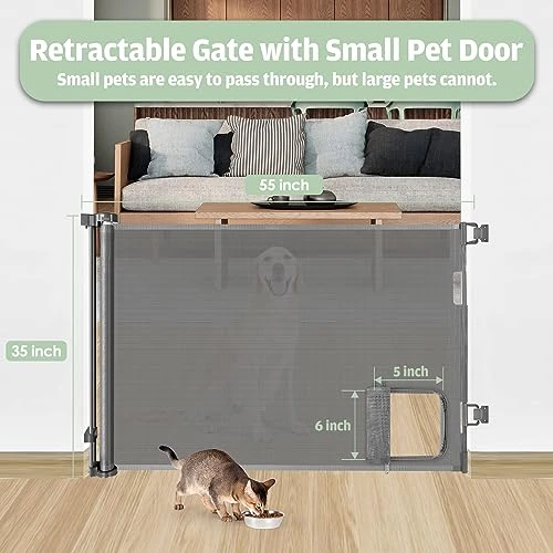 Retractable Dog Gate With Cat Door 55” Wide Retractable Baby Gate With Pet Door 35” Tall Indoor Outdoor Mesh Pet Gate For Cats/Small Dogs Child Safety Gate For Stairs, Doorways, Deck (Grey) 2 Retractable Dog Gate With Cat Door 55” Wide Retractable Baby Gate With Pet Door 35” Tall Indoor Outdoor Mesh Pet Gate For Cats/Small Dogs Child Safety Gate For Stairs, Doorways, Deck (Grey) - Image 2