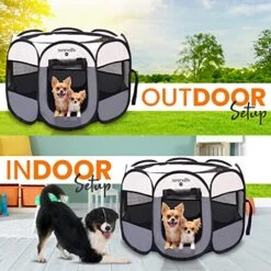SereneLife ON-The-GO Foldable Portable Pet Tent 8-Panel Playpen For Dog & Cat W/Food/Water Bowl, Mesh, Pet House Indoor & Outdoor, Travel & Camping Pet Kennel Exercise Puppy Playground (Grey - Medium) -Zoomie Shop 51XNDFnvAEL