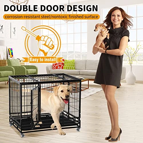 BLKMTY 42" Dog Crate Heavy Duty Dog Cage Steel Larger Dog Cage Metal Pet Crate Kennel For Large Dogs Indoor Double Door Dog Crate With Wheels Dog Cages W/Lock & Removable Tray, Black 3 BLKMTY 42" Dog Crate Heavy Duty Dog Cage Steel Larger Dog Cage Metal Pet Crate Kennel For Large Dogs Indoor Double Door Dog Crate With Wheels Dog Cages W/Lock & Removable Tray, Black - Image 3