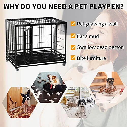 BLKMTY 42" Dog Crate Heavy Duty Dog Cage Steel Larger Dog Cage Metal Pet Crate Kennel For Large Dogs Indoor Double Door Dog Crate With Wheels Dog Cages W/Lock & Removable Tray, Black 5 BLKMTY 42" Dog Crate Heavy Duty Dog Cage Steel Larger Dog Cage Metal Pet Crate Kennel For Large Dogs Indoor Double Door Dog Crate With Wheels Dog Cages W/Lock & Removable Tray, Black - Image 5