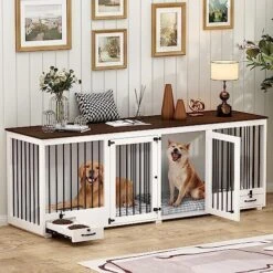 MOOLIVE Large Double Dog Crate Furniture, 86.6" Wooden Dog Crate Kennel Furniture With 4 Dog Bowls And Divider, XXL Heavy Duty Dog Crates Cage Furniture For Large Dog Or 2 Medium Dogs Indoor, White 11 MOOLIVE Large Double Dog Crate Furniture, 86.6" Wooden Dog Crate Kennel Furniture With 4 Dog Bowls And Divider, XXL Heavy Duty Dog Crates Cage Furniture For Large Dog Or 2 Medium Dogs Indoor, White -Zoomie Shop 51ZpZDjdKL. AC