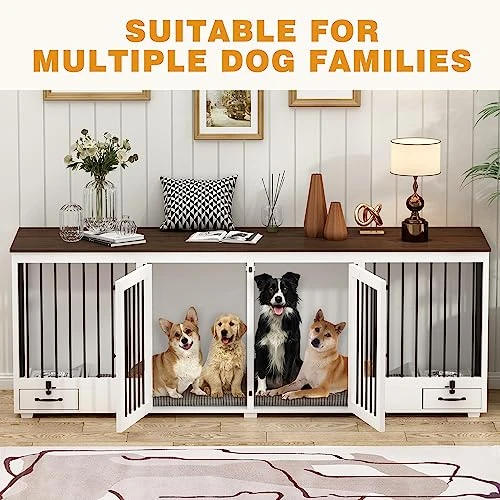 MOOLIVE Large Double Dog Crate Furniture, 86.6" Wooden Dog Crate Kennel Furniture With 4 Dog Bowls And Divider, XXL Heavy Duty Dog Crates Cage Furniture For Large Dog Or 2 Medium Dogs Indoor, White 3 MOOLIVE Large Double Dog Crate Furniture, 86.6" Wooden Dog Crate Kennel Furniture With 4 Dog Bowls And Divider, XXL Heavy Duty Dog Crates Cage Furniture For Large Dog Or 2 Medium Dogs Indoor, White - Image 3