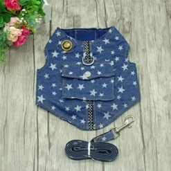 DOILNXH Denim Dog Harness Vest And Leash Blue Padded Jacket Jean Star Clothes With Pocket For Small Dogs Cat Chihuahua
