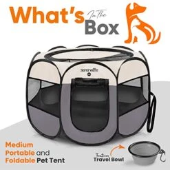 SereneLife ON-The-GO Foldable Portable Pet Tent 8-Panel Playpen For Dog & Cat W/Food/Water Bowl, Mesh, Pet House Indoor & Outdoor, Travel & Camping Pet Kennel Exercise Puppy Playground (Grey - Medium) -Zoomie Shop 51bCgYMk4aL