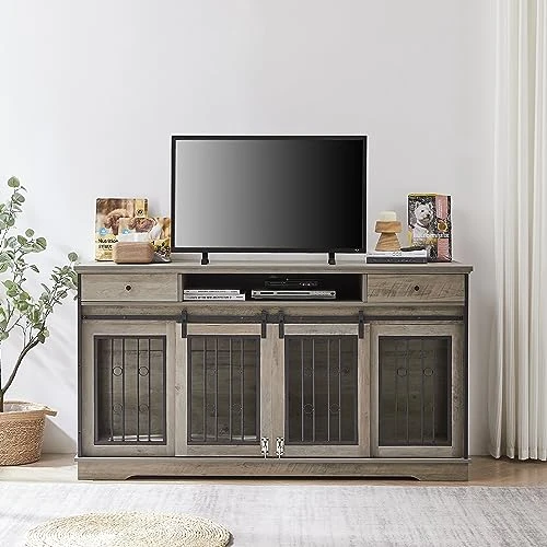 Tmsan Large Dog Crate Furniture, 66" Heavy Duty Wood Dog Kennel With Divider & Drawers, Indoor Dog House Cage For 2 Medium Dogs, End Table TV Stand 7 Tmsan Large Dog Crate Furniture, 66" Heavy Duty Wood Dog Kennel With Divider & Drawers, Indoor Dog House Cage For 2 Medium Dogs, End Table TV Stand - Image 7