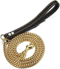 Aiyidi Strong Dog Chain Gold Leash Long 3FT 4FT 5FT 18K Gold Plated Stainless Steel 12mm Curb Cuban Link Dog Leash With Comfortable Genuine Leather Handle(Gold, 3FT) -Zoomie Shop 51c2OOOCpCL. AC 2