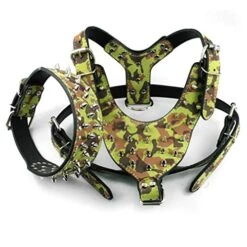 Kuntrona Large Dog Harness And Collar Set Spiked & Studded Leather Dog Pet Harness Collar For Pit Bull Mastiff Medium Large Dogs Green M