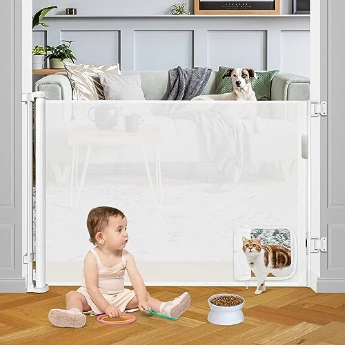 Retractable Baby Gate With Cat Door 55" Wide Baby Gate Indoor Retractable Dog Gate Outdoor Retractable Gate Pet Gates With Walk Through Door Gate Cat Gate For Doorway Baby Gate For Stairs, White 1 Retractable Baby Gate With Cat Door 55" Wide Baby Gate Indoor Retractable Dog Gate Outdoor Retractable Gate Pet Gates With Walk Through Door Gate Cat Gate For Doorway Baby Gate For Stairs, White