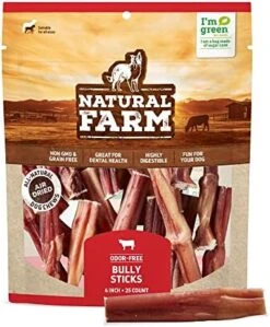 Natural Farm Odor-Free Bully Sticks (6 Inch, 25 Pack), 1.3 Lb. Bag, Fully Digestible 100% Beef Pizzle Chews, Grass-Fed, Non-GMO, Grain-Free, Natural Long-Lasting Chews For Small & Large Dogs -Zoomie Shop 51i77ChnEVL. AC
