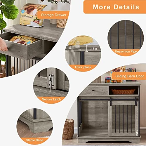 IRCPEN Dog Crate Furniture,Modern Sliding Door Kennel For Small Medium Large Dogs Up To 70 Lb, Heavy-Duty Dog Cage House With Drawer And Open Shelf (35" X 24" X 33" -Grey) 4 IRCPEN Dog Crate Furniture,Modern Sliding Door Kennel For Small Medium Large Dogs Up To 70 Lb, Heavy-Duty Dog Cage House With Drawer And Open Shelf (35" X 24" X 33" -Grey) - Image 4