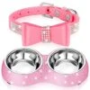 Gerrii 2 Pcs Pink Dog Cat Bowls And Small Puppy Collar Set For Cat And Dog, Pink Bling Cat Collars Rhinestones Stainless Steel Puppy Bowls Adjustable Bling Dog Collar (Pink, XS)