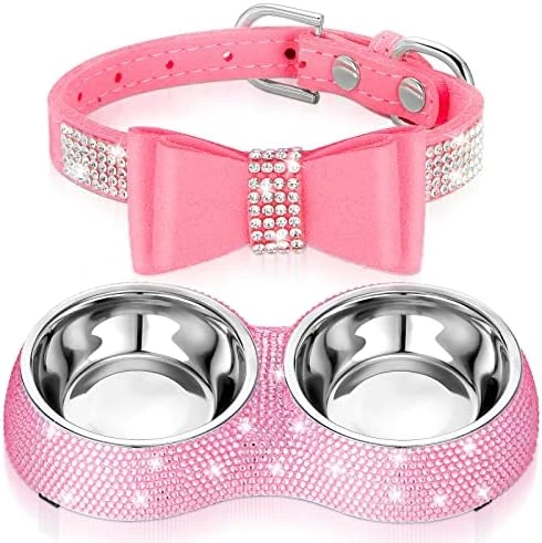 Gerrii 2 Pcs Pink Dog Cat Bowls And Small Puppy Collar Set For Cat And Dog, Pink Bling Cat Collars Rhinestones Stainless Steel Puppy Bowls Adjustable Bling Dog Collar (Pink, XS) 7 Gerrii 2 Pcs Pink Dog Cat Bowls And Small Puppy Collar Set For Cat And Dog, Pink Bling Cat Collars Rhinestones Stainless Steel Puppy Bowls Adjustable Bling Dog Collar (Pink, XS) - Image 7