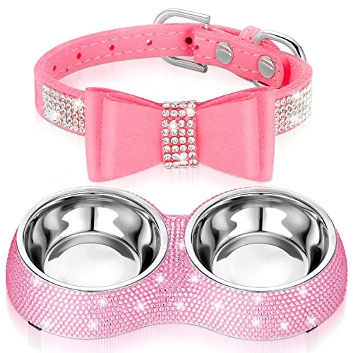 Gerrii 2 Pcs Pink Dog Cat Bowls And Small Puppy Collar Set For Cat And Dog, Pink Bling Cat Collars Rhinestones Stainless Steel Puppy Bowls Adjustable Bling Dog Collar (Pink, XS) 1 Gerrii 2 Pcs Pink Dog Cat Bowls And Small Puppy Collar Set For Cat And Dog, Pink Bling Cat Collars Rhinestones Stainless Steel Puppy Bowls Adjustable Bling Dog Collar (Pink, XS)