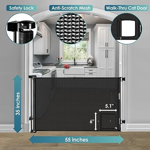 Retractable Baby Gates Retractable Dog Gate With Cat Door Walk Through 55" Wide Baby Gates For Dogs Indoor Baby Gate With Door Outdoor Pet Gate For Cats Cat Gate For Doorway Dog Gate For Stairs, Black 2 Retractable Baby Gates Retractable Dog Gate With Cat Door Walk Through 55" Wide Baby Gates For Dogs Indoor Baby Gate With Door Outdoor Pet Gate For Cats Cat Gate For Doorway Dog Gate For Stairs, Black - Image 2