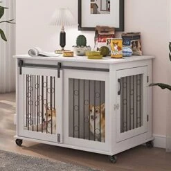 OUYESSIR Dog Crate Furniture End Table, Sliding Door Dog Cage With Partition For Two Puppies, Bottom Pulley, Decorative Pet Crate Dog House Indoor Use (43.7" W*30" D*33.7" H, Rustic Brown) -Zoomie Shop 51lHcnpzfvL. AC