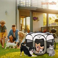 SereneLife ON-The-GO Foldable Portable Pet Tent 8-Panel Playpen For Dog & Cat W/Food/Water Bowl, Mesh, Pet House Indoor & Outdoor, Travel & Camping Pet Kennel Exercise Puppy Playground (Grey - Medium) -Zoomie Shop 51lxxCVp5ZL