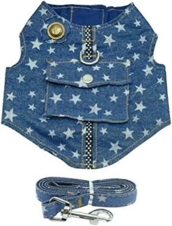 DOILNXH Denim Dog Harness Vest And Leash Blue Padded Jacket Jean Star Clothes With Pocket For Small Dogs Cat Chihuahua -Zoomie Shop 51mz VJQ48L. AC 1