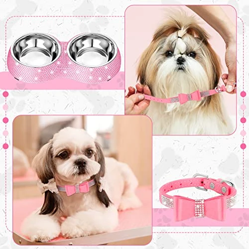 Gerrii 2 Pcs Pink Dog Cat Bowls And Small Puppy Collar Set For Cat And Dog, Pink Bling Cat Collars Rhinestones Stainless Steel Puppy Bowls Adjustable Bling Dog Collar (Pink, XS) 4 Gerrii 2 Pcs Pink Dog Cat Bowls And Small Puppy Collar Set For Cat And Dog, Pink Bling Cat Collars Rhinestones Stainless Steel Puppy Bowls Adjustable Bling Dog Collar (Pink, XS) - Image 4