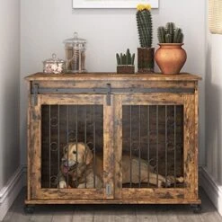 OUYESSIR Dog Crate Furniture End Table, Sliding Door Dog Cage With Partition For Two Puppies, Bottom Pulley, Decorative Pet Crate Dog House Indoor Use (43.7" W*30" D*33.7" H, Rustic Brown) -Zoomie Shop 51q ANwVa4L. AC