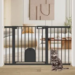 Narrow Baby Gate With Cat Door Walk Through - 24.5" To 29.5" Wide Small Pet Gate For Puppy Dog Doorway Stair - Pressure Mounted Safety Child Gate Stand 30 Inches Tall -Zoomie Shop 51s9fts2GoL. AC