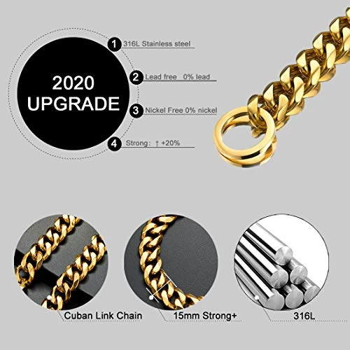 ToBeTrendy Chain Dog Walking Collar Gold Cuban Link Dog Collar 316L Stainless Steel Metal 10mm/15mm Heavy Duty Chain Collar For Medium Dogs(15MM, 26") 2 ToBeTrendy Chain Dog Walking Collar Gold Cuban Link Dog Collar 316L Stainless Steel Metal 10mm/15mm Heavy Duty Chain Collar For Medium Dogs(15MM, 26") - Image 2
