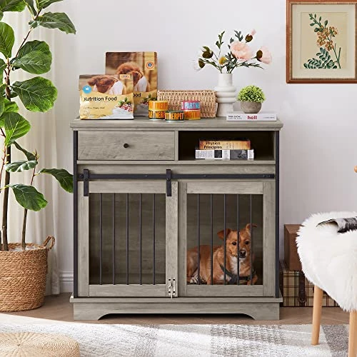 IRCPEN Dog Crate Furniture,Modern Sliding Door Kennel For Small Medium Large Dogs Up To 70 Lb, Heavy-Duty Dog Cage House With Drawer And Open Shelf (35" X 24" X 33" -Grey) 1 IRCPEN Dog Crate Furniture,Modern Sliding Door Kennel For Small Medium Large Dogs Up To 70 Lb, Heavy-Duty Dog Cage House With Drawer And Open Shelf (35" X 24" X 33" -Grey)
