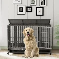 Tuanlove 48" Dog Crate Heavy Duty Indestructible Dog Crate, High Anxiety Dog Crate With Lockable Wheels Double Doors & Locks Design, Removable Tray Design, Upgraded (Silver)