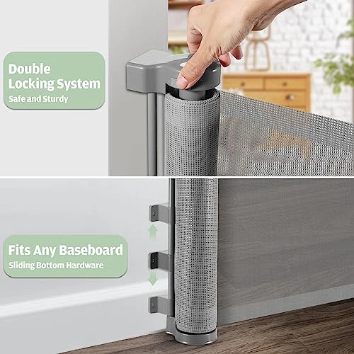 Retractable Dog Gate With Cat Door 55” Wide Retractable Baby Gate With Pet Door 35” Tall Indoor Outdoor Mesh Pet Gate For Cats/Small Dogs Child Safety Gate For Stairs, Doorways, Deck (Grey) 4 Retractable Dog Gate With Cat Door 55” Wide Retractable Baby Gate With Pet Door 35” Tall Indoor Outdoor Mesh Pet Gate For Cats/Small Dogs Child Safety Gate For Stairs, Doorways, Deck (Grey) - Image 4