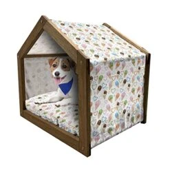 Lunarable Ice Cream Wooden Pet House, Refreshing Summer Food With 3 Different Scoops And Colorful Hearts, Outdoor & Indoor Portable Dog Kennel With Pillow And Cover, Large, Multicolor