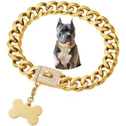 Girl Boy Cute Gold Chain Metal Dog Collar, Steel Heavy Duty Strong Dog Necklace With Magnet Buckle