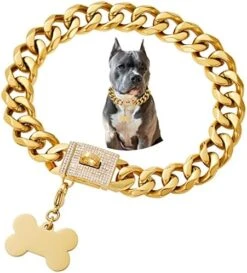 Girl Boy Cute Gold Chain Metal Dog Collar, Steel Heavy Duty Strong Dog Necklace With Magnet Buckle -Zoomie Shop 51wqft575tL. AC