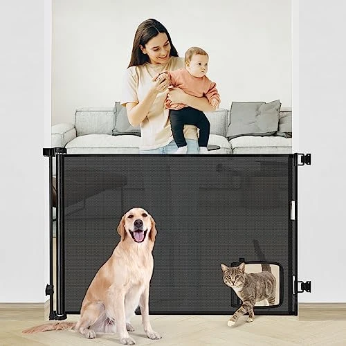 Retractable Dog Gate With Cat Door 55” Wide Retractable Baby Gate With Pet Door 35” Tall Indoor Outdoor Mesh Pet Gate For Cats/Small Dogs Child Safety Gate For Stairs, Doorways, Deck (Grey) 7 Retractable Dog Gate With Cat Door 55” Wide Retractable Baby Gate With Pet Door 35” Tall Indoor Outdoor Mesh Pet Gate For Cats/Small Dogs Child Safety Gate For Stairs, Doorways, Deck (Grey) - Image 7