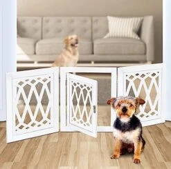 Bundaloo Freestanding Dog Gate With Door Expandable Decorative Wooden Fence For Small To Medium Pet Dogs, Barrier For Stairs, Doorways, & Hallways (Black Diamond) -Zoomie Shop 51zVF8nd6aL. AC
