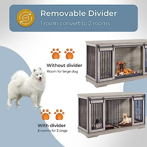 Lyromix Dog Crate Furniture Large Breed TV Stand With 2 Sliding Doors, Dog Kennels And Crates For Medium Large Dogs With Divider, Wood Dog Crate End Table, Grey, 60.6''W*22.8''D*33.9''H 3 Lyromix Dog Crate Furniture Large Breed TV Stand With 2 Sliding Doors, Dog Kennels And Crates For Medium Large Dogs With Divider, Wood Dog Crate End Table, Grey, 60.6''W*22.8''D*33.9''H - Image 3