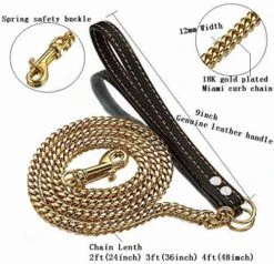 Aiyidi Strong Dog Chain Gold Leash Long 3FT 4FT 5FT 18K Gold Plated Stainless Steel 12mm Curb Cuban Link Dog Leash With Comfortable Genuine Leather Handle(Gold, 3FT) -Zoomie Shop 61hYdNenAjL